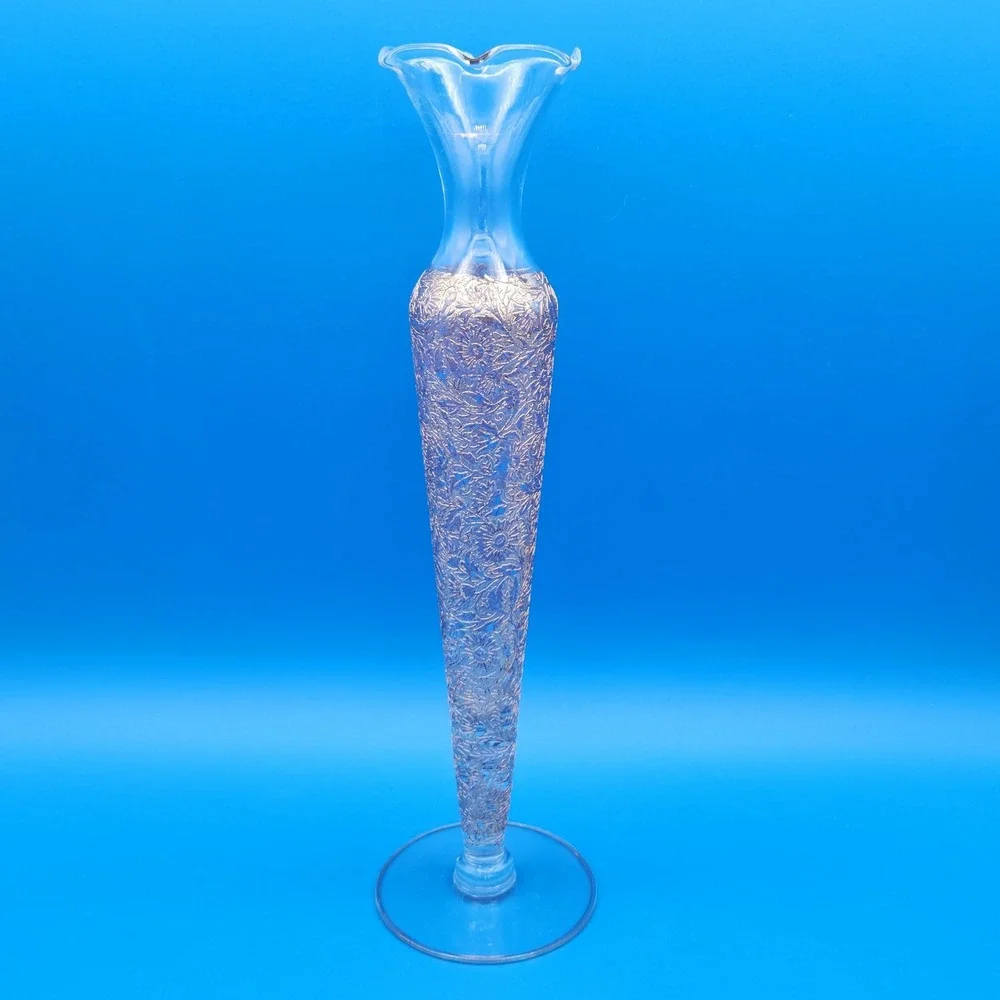 Vintage Glastonbury (?) Lotus Ruffle Top Glass Bud Vase‎ with Gold Overlay